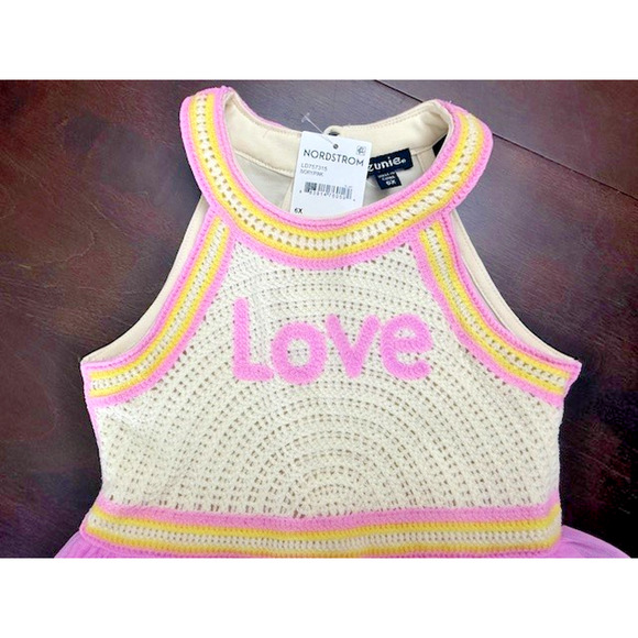 ZUNIE GIRLS DRESS BRIGHT PINK IVORY TULLE W/LOVE EMBROIDERED TOP SIZE 6X NEW $56 - Picture 2 of 10